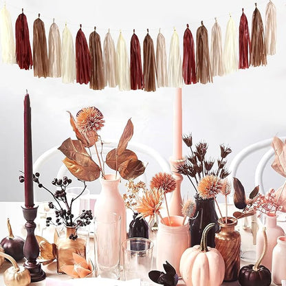Brown Burgundy Champagne-Gold Party-Decorations - 30pcs Rustic Boho Wedding Tissue Pom-Poms Streamers ,Fall Autumn Tassel Garland Banner,Birthday Baby Bridal Shower Engagement Decor Lasting Surprise