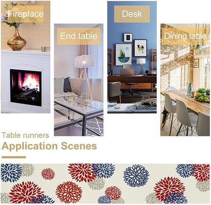 4th of July Table Runner, Blue Red Dahlia Flower American Patriotic Memorial Day Table Runner for Farmhouse Kitchen Dining Table Party Decor, 13x90inch