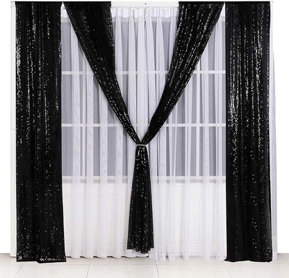 Poise3EHome 2ft x 8ft Black Sequin Photography Backdrop Curtains 2 Panels for Party Decoration, Black