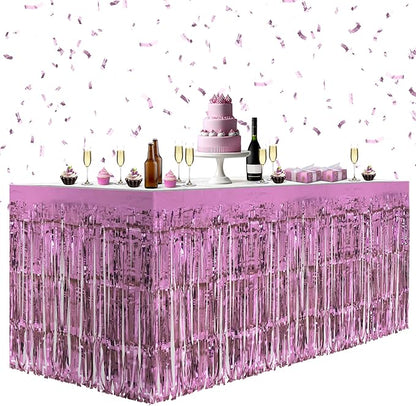 8 Pack Pink Table Skirts, 29x108" Metallic Foil Tinsel Fringe Table Skirts for Rectangle Tables Streamer Curtains Backdrop, Party Decorations for Birthdays Weddings Holidays