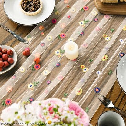 Artoid Mode Champagne Embroidery Daisy Gauze Table Runner 120 Inch 10FT, Seasonal Sheer Kitchen Dining Holiday Wedding Birthday Table Decor for Home Party