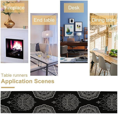 Lotus Flower Table Runner, Bohemian Ethnic Oriental Mandala Black White Floral Print Table Runner for Home Kitchen Dining Indoor Outdoor Dinner Party Decor, 13x36inch