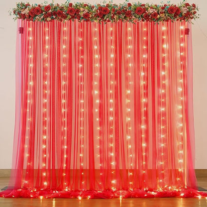 Red Tulle Backdrop Curtain with Lights String for Parites 10x8ft Red Sheer Backdrop Curtains Drapes for Birthday Party Bridal Shower Baby Shower Christmas Wall Photo Booth Background Decorations