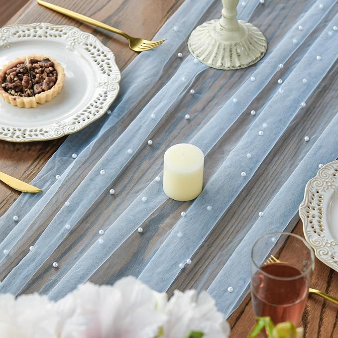 Artoid Mode Pearl Blue Gauze Table Runner 59x120 Inch , Seasonal Sheer Kitchen Dining Holiday Wedding Birthday Baby Shower Table Decor for Home Party