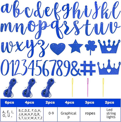 TaoBary 167 Pcs DIY Banner Kit Happy Birthday Glitter Banner Customizable Glitter Make Your Own Kit 162 Letters Symbols and Numbers 3 Rope for Birthday Halloween Wedding Christmas(Royal Blue)
