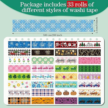 TaoBary 33 Rolls Holiday Plaid Washi Tape, 15 mm Seasonal Washi Tape Set Bohemian Colorful Vintage Cute for Card Wrapping Craft(Cute Style)