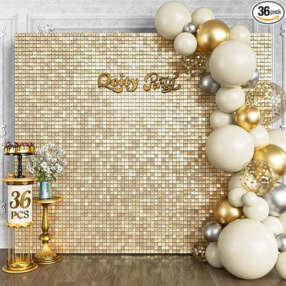 Qcity Champagne Gold Shimmer Wall Backdrop 36PCS, Black Back Not See-Through Design, Square Sequin Glitter Backdrop Panel, Perfect for Outdoor Events, Birthdays, Wedding and Party Decoration