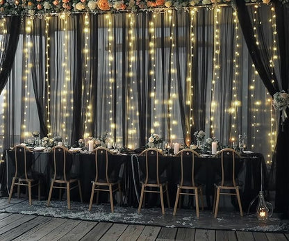 Black Tulle Backdrop Curtain with Lights String for Parites 20ft×10ft Black Sheer Backdrop Curtains for Baby Shower Wedding Bridal Shower Birthday Party Photo Shoot Decorations(4 Panels 5×10ft)