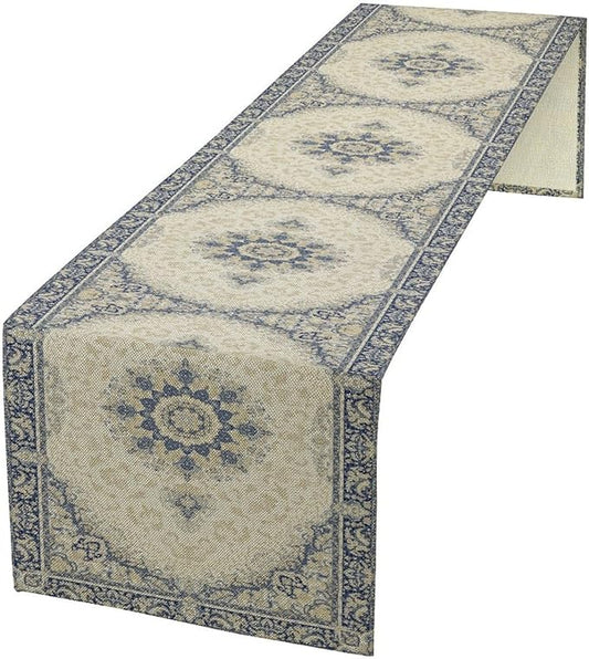 Boho Bohemia Style Table Runner, Vintage Blue Gold Retro Flower Rustic Country Style Floral Print Pattern for Home Kitchen Table Decor Dining Coffee Room Garden Party Decor 13x36in