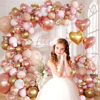 Rose Gold Balloon Garland Arch Kit, 140Pcs Nude Pastel Pink Metallic Gold White Balloons Gold and Rose Gold Confetti Balloons with Heart Foil Balloon for Wedding Bridal Birthday Party Decorations