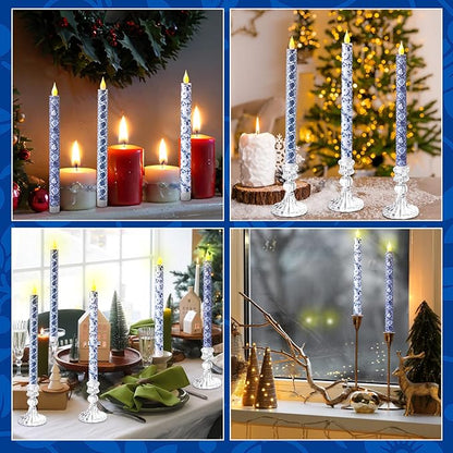Baquler 6 Pcs Christmas Chinoiserie Flameless Candles 10.6 Inch Blue and White Battery Operated Led Candlesticks Chinoiserie Decor for Christmas Centerpiece Xmas Party Decor Holiday Gifts