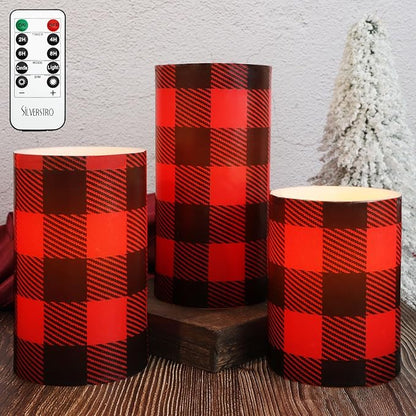 Silverstro Christmas Red Flameless Candles: Farmhouse Theme Flickering Real Wax Buffalo Check Decorative Candles with Remote - Home Party Bathroom Room Christmas Decorations - Set of 3