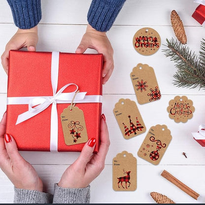 LOKIPA 120 Pieces Christmas Kraft Paper Gift Tags Hang Labels with Red and Black Plaid Snowflake Christmas Tree Elk Patterns and 230 Feet Twine Rope for Christmas