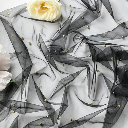Artoid Mode 6PCS Pearl Black Gauze Table Runner 120 Inch 10FT, Seasonal Sheer Dining Holiday Wedding Birthday Baby Shower Table Decor for Home Party