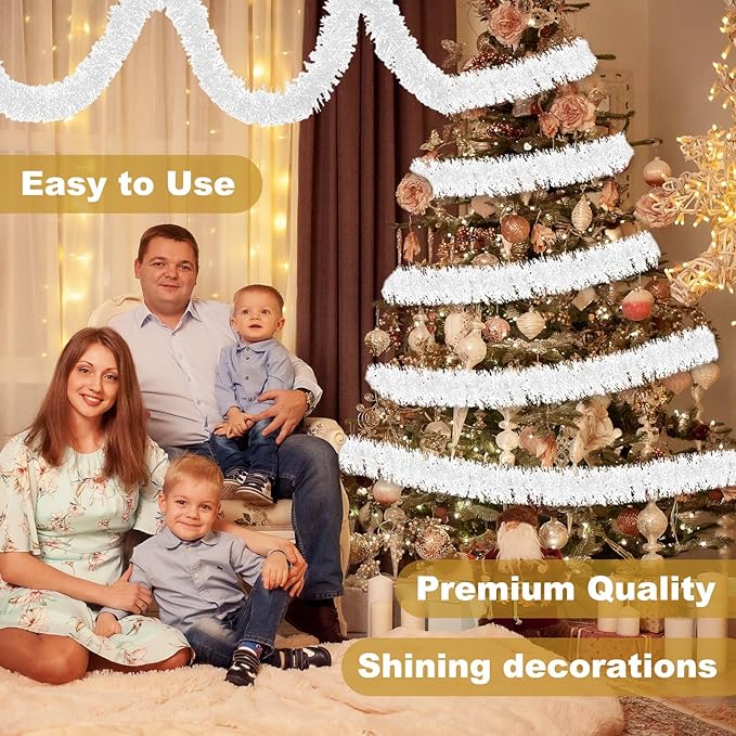 50 Feet Macaron White Christmas Tinsel Garland, Metallic Foil Twist Banner Wall Hanging Tinsel Streamers Backdrop for Parade Floats, Christmas, Mother's Day, Birthday Party Decorations(2in x 50ft)