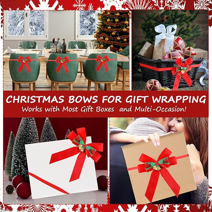 Christmas Bows for Gift Wrapping, 24 Elastic Red Stretch Loops with Bows,3 Sizes Red Bows Ribbon Crafts Perfect Boxes, Party Favors and Weddings