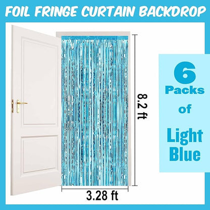6 Pack Light Blue Foil Fringe Curtains Backdrop, 3.28 x 8.2 Ft Metallic Streamers Tinsel Curtains Background for Photo Booth, Birthday, Weddings, Carnivals, Graduation, Themed Party Decorations