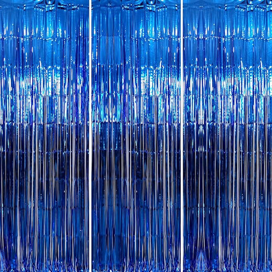GOER 3.2 ft x 9.8 ft Metallic Tinsel Foil Fringe Curtains Party Photo Backdrop Party Streamers for Birthday,Graduation,New Year Eve Decorations Wedding Decor (Navy Blue,3 pcs)