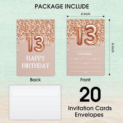13th Birthday Invitation Cards, Rose Gold Glitter 13th Birthday Party Invites, Kids Happy Birthday Party Decorations Supplies, 20 Fill-in Cards with Envelopes for Boys or Girls Party Celebration - C05