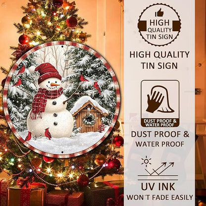 Round Christmas Metal Signs Vintage Snowman and Red Birds Tin Sign Metal Poster Christmas Snowman Sign for Bedroom Farmhouse Garage Wall Decor 12 * 12 in