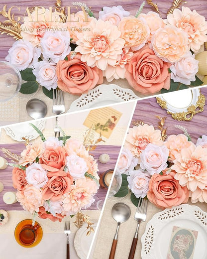 Artificial Flowers Combo, Mix Silk Flowers Roses, Peonies, Dahlias with Stems for DIY Wedding Bridal Bouquets, Baby Shower, Table Centerpieces, Home Decor, Fake Floral Arrangements-Champagne