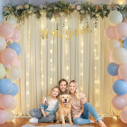 Beige Backdrop Curtains with Lights String for Parties,10x10FT Wrinkle Free Polyester Wedding Photo Backdrop Curtains for Baby Shower Birthday Ceremony Reception Home Party Decorations