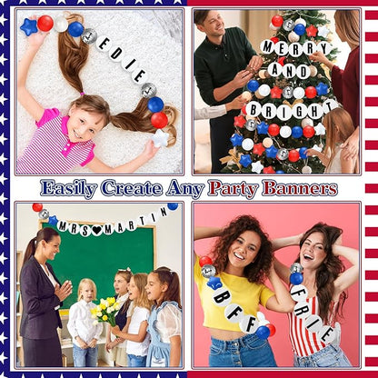 Giant Friendship Bracelet Garland Kit, DIY Birthday Banner with Letters Ball Jumbo Customizable Friendship Bracelet Decor for Halloween Christmas Wedding Party(White, Red, Blue)