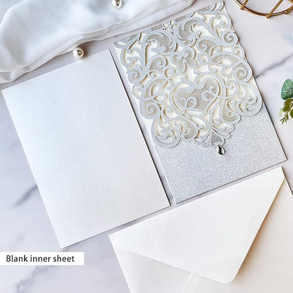 Hosmsua 5.12 x 7.3 Inch 50pcs Silver Laser Cut Lace Flora Wedding Invitation Cards with Rhinestone and Envelopes Customized Printed Invitations for Bridal Shower Quinceañera Wedding Invite