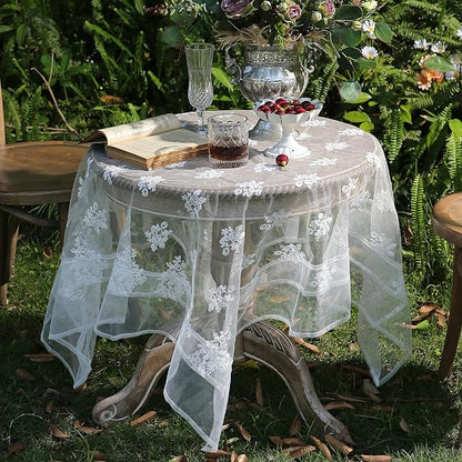 patdrea Designer White Lace Elegant Tablecloth for Rectangle Tables,Vintage Tulle French Romantic Knitted Embroidered Overlay Tablecloths Decor for Kitchen Wedding Banquet,59"*75"