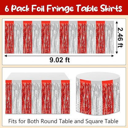 6 Pack 29 x108 Inch Red Silver Wave Foil Fringe Table Skirts Metallic Banner for Tinsel Streamer Garland Backdrop for Parade Floats, Mother's Day, Easter, Wedding, Birthday Party Decoration