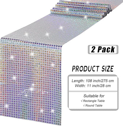 Durony 2 Pack Disco Table Runner 11 x 108 Inch Mirror Silver Laser Glitter Foil Cover With Sparkle Sequin for Bachelorette, 70s, Cowgirl Party Decorations