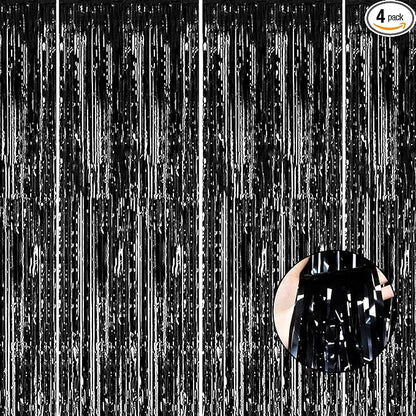 4 Pack Black Foil Fringe Curtain Backdrop, 3.28Ft x 8.2Ft Metallic Tinsel Streamer Curtains for Party, Photo Booth Props, Birthday, 2022 Graduation Decoration Party Supplies
