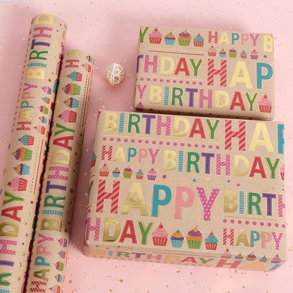 Aimyoo Colorful Birthday Wrapping Paper Roll - 17 Inch X 16.4 Feet - Gold Foil Happy Birthday Lettering & Cupcake Design Gift Wrap for Kids, Baby Showers