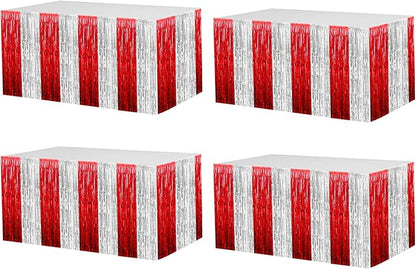 4 Pack 29x108 Inch Metallic Foil Fringe Tinsel Table Skirts for Rectangle Tables Streamer Backdrop for Wedding, Birthday, Parade Floats, Christmas, Halloween Party Decoration(Red Silver)