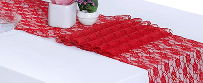 MDS Pack of 25 Wedding 12 x 108 inches Lace Table Runner for Wedding, Decorations for Birthday Parties, Banquets, Graduations, Engagements, and Runners fit Rectangle, Round Table- Red