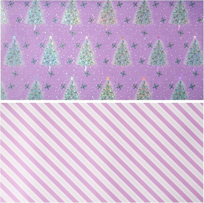 LeZakaa Christmas Purple Wrapping Paper Mini Roll, Christmas Tree Butterfly, Pink Purple Stripe Reversible Design for Winter Holiday Family Gathering, 17 inches x 32.8 Feet