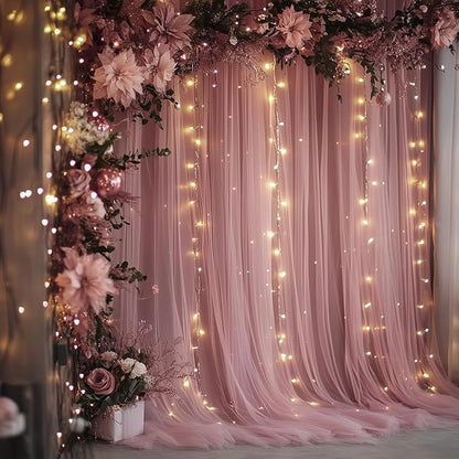 Fomcet Dusty Rose Tulle Backdrop Curtains with Lights String 10FT X 10FT Sheer Curtains with Lights Tulle Curtain Backdrop for Wedding Birthday Party Photo Shoot (2 Panels 5x10FT)