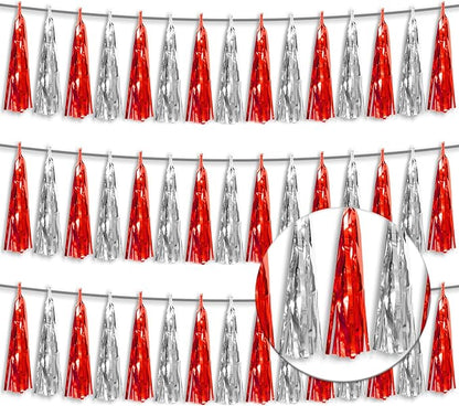 3P Metallic Fringe Tassel Banner Garland Foil Tinsel Streamer Wall Hanging Curtain Backdrop Banner for Parade Floats,Halloween Decorations, Christmas Day, Wedding Party Decoration(Red Silver)
