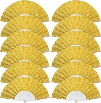 12 Pack Handheld Fan,Folding Hand Glitter Fan with Shining Transparent Fan Rib – Ideal for Wedding, Church, Festival, Dance, Tea Party, Club, and EDM Accessories, Yellow