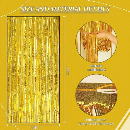 3 Pack Foil Fringe Backdrop - Laser Gold Shiny Tinsel Curtains for Party Decoration/Photo Booth Props - 3.3x8.2 FT Metallic Foil Backdrop for Birthday, Wedding, Graduation, Christmas.