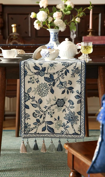 Decorative Linen Table Runner 87 Inches Long,Chinoiserie Blue Floral Cloth Runner for Coffee Table Decor Tabletop Table Runners for Kitchen,Dining,Party,Home,Christmas,12"*87"