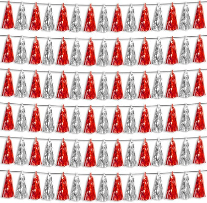 6P Red Silver Foil Fringe Metallic Tassel Streamers Banner Tassel Garland for Parade Floats, Bachelorette, Wedding, Birthday, Graduation, Christmas, Bridal/Baby Shower Party Decorations
