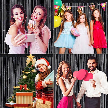 Picoway 4 Pack Foil Fringe Tinsel Backdrop Curtains, Birthday Engagement Bachelorette Party Decorations, Photo Booth Props Door Streamers Curtain (Black)