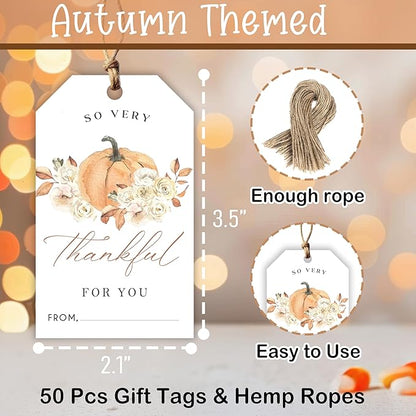 50 Pcs Fall Gift Tags, 2.1"×3.5" Autumn Florals Thank You Gift Tags for Party Favors, Pumpkin Thanksgiving Gifts Tags for Party Favor - B09
