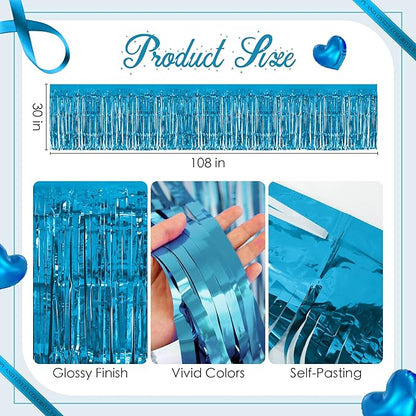 1 Pack Lake Blue Table Skirts, 29x108" Metallic Foil Tinsel Fringe Table Skirts for Rectangle Tables Streamer Curtains Backdrop, Party Decorations for Birthdays Weddings Holidays