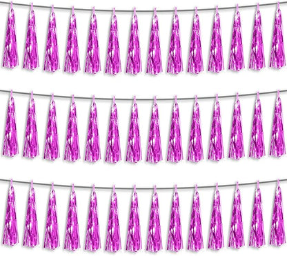 3P Fuchsia Foil Fringe Metallic Tassel Streamers Banner Tassel Garland for Parade Floats, Bachelorette, Wedding, Birthday, Halloween, Christmas, Bridal/Baby Shower Party Decorations