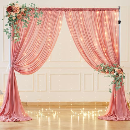 10ft x 7ft Dusty Rose Chiffon Backdrop Curtain with Lights String for Parites Wedding Wrinkle Free Curtain Photo Backdrops Drapes for Baby Shower Birthday Party Home Decorations