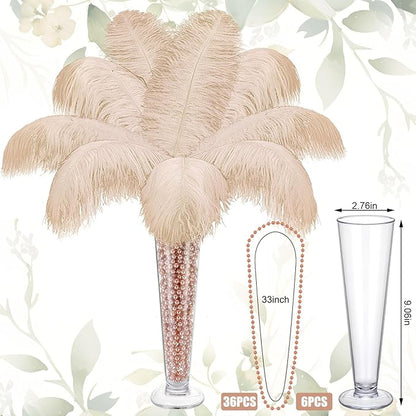 Yuxung 6 Sets Wedding Table Centerpiece Accessories Including 159 Pieces Natural Ostrich Feather Bulk Plastic Vases and Beads Necklaces for Wedding Home Party Centerpiece Supplies(Champagne)