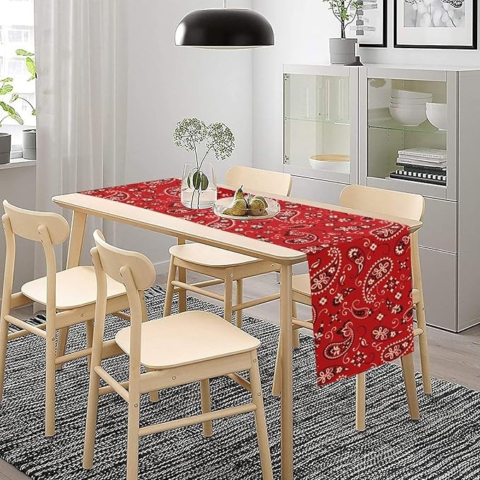 Paisley Table Runner, Boho Vintage Western Red Paisley Flower Print Table Runner for Kitchen Dining Table Wedding Holiday Party Decor, 13x90inch