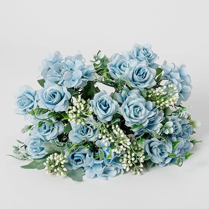 Artificial Flower 5 Branches Artificial Silk Fake Flowers Bouquet Small Roses for Wedding Home Office Tables Decor 2 Packs 4 Packs(Light Blue)